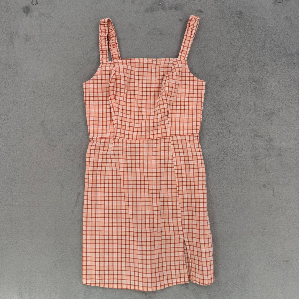 Arizona Jean Co Mini Dress Womens Medium Orange White Plaid Smocked Back